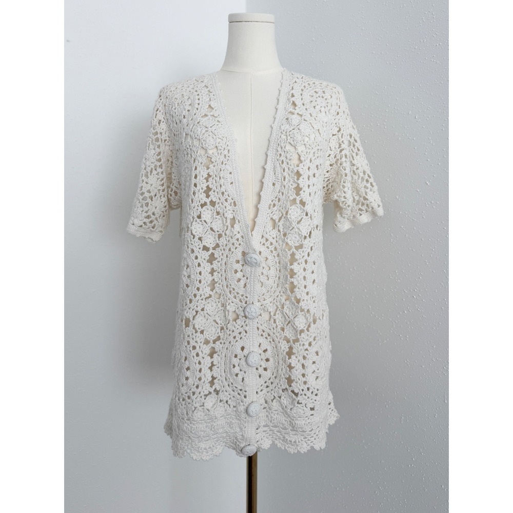 Vtg White Open Knit Crochet Cardigan Boho Western Cottagecore Front Button Top M